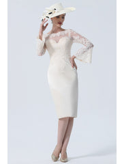 Aimishang  Sheath / Column Mother of the Bride Dress Vintage Plus Size Elegant Jewel Neck Knee Length Satin Lace Long Sleeve with Lace