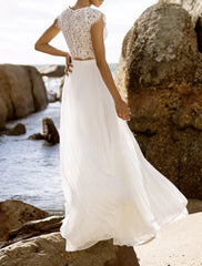 Wholesale Beach Boho Wedding Dresses Two Piece Scoop Neck Sleeveless Floor Length Chiffon Bridal Suits Bridal Gowns With Appliques Solid Color
