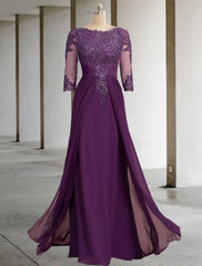 Sheath / Column Mother of the Bride Dress With Overskirts Formal Wedding Guest Elegant Sequin Scoop Neck Floor Length Chiffon Lace 3/4 Sleeve with Appliques Sparkle & Shine