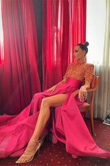 Budget High Neck Half Sleeves Evening Gowns Fuchsia Long Split With Sequins