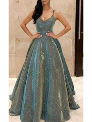 A-Line Prom Dresses Sparkle & Shine Dress Formal Wedding Guest Court Train Sleeveless Spaghetti Strap Sequined with Glitter Sequin