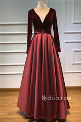 Burgundy Long Sleeves Prom Dresses 2024 with Pocket V Neck Evening Dresses