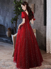 Burgundy A line tulle long prom dress burgundy formal dress
