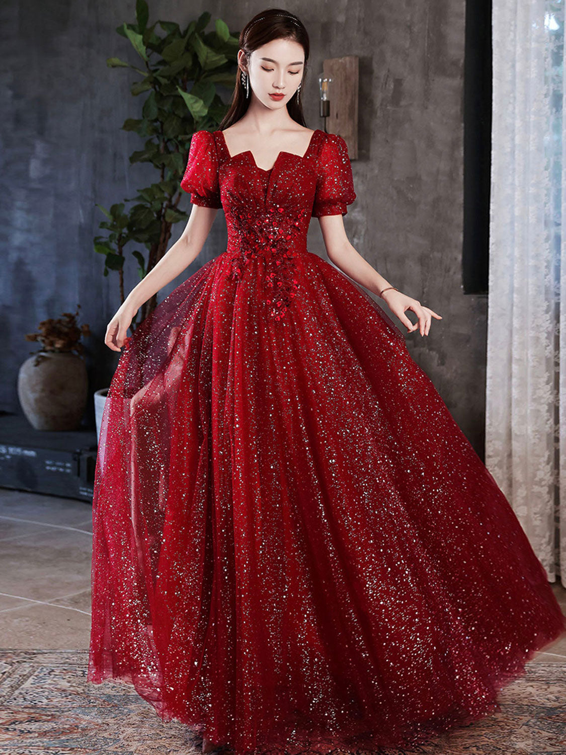 Burgundy A line tulle long prom dress burgundy formal dress