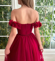 Burgundy 3D Flower Prom Dresses with Pockets Off the Shoulder Formal Dress with Slit TO025