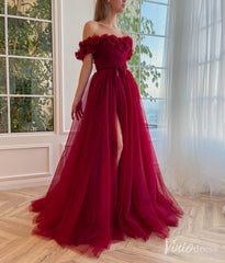 Burgundy 3D Flower Prom Dresses with Pockets Off the Shoulder Formal Dress with Slit TO025