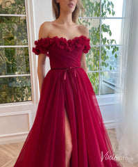 Burgundy 3D Flower Prom Dresses with Pockets Off the Shoulder Formal Dress with Slit TO025
