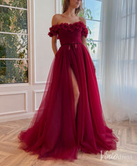 Burgundy 3D Flower Prom Dresses with Pockets Off the Shoulder Formal Dress with Slit TO025