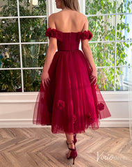 Burgundy 3D Flower Prom Dresses with Pockets Off the Shoulder Maxi Dress TO024