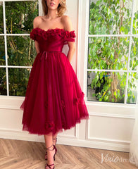 Burgundy 3D Flower Prom Dresses with Pockets Off the Shoulder Maxi Dress TO024