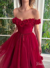 Burgundy 3D Flower Prom Dresses with Pockets Off the Shoulder Maxi Dress TO024