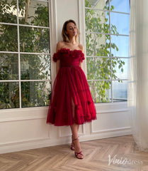 Burgundy 3D Flower Prom Dresses with Pockets Off the Shoulder Maxi Dress TO024