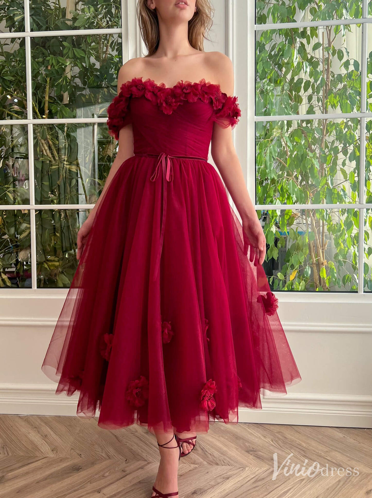 Burgundy 3D Flower Prom Dresses with Pockets Off the Shoulder Maxi Dress TO024