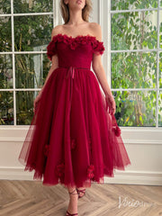 Burgundy 3D Flower Prom Dresses with Pockets Off the Shoulder Maxi Dress TO024