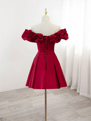 Bourgogne A-Line Off Houpon Satin Robe courte de bal, robe de retour bordeaux