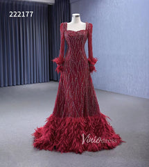 Burgundy Beade Formal Dresses Long Sleeve Prom Dress with Feathers 222177