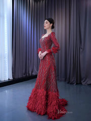 Burgundy Beade Formal Dresses Long Sleeve Prom Dress with Feathers 222177