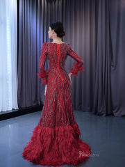 Burgundy Beade Formal Dresses Long Sleeve Prom Dress with Feathers 222177