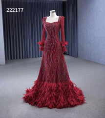 Burgundy Beade Formal Dresses Long Sleeve Prom Dress with Feathers 222177