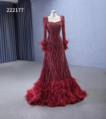 Burgundy Beade Formal Dresses Long Sleeve Prom Dress with Feathers 222177