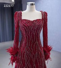 Burgundy Beade Formal Dresses Long Sleeve Prom Dress with Feathers 222177