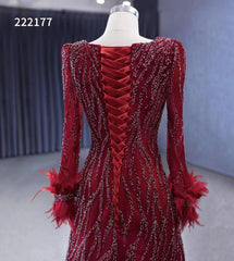 Burgundy Beade Formal Dresses Long Sleeve Prom Dress with Feathers 222177