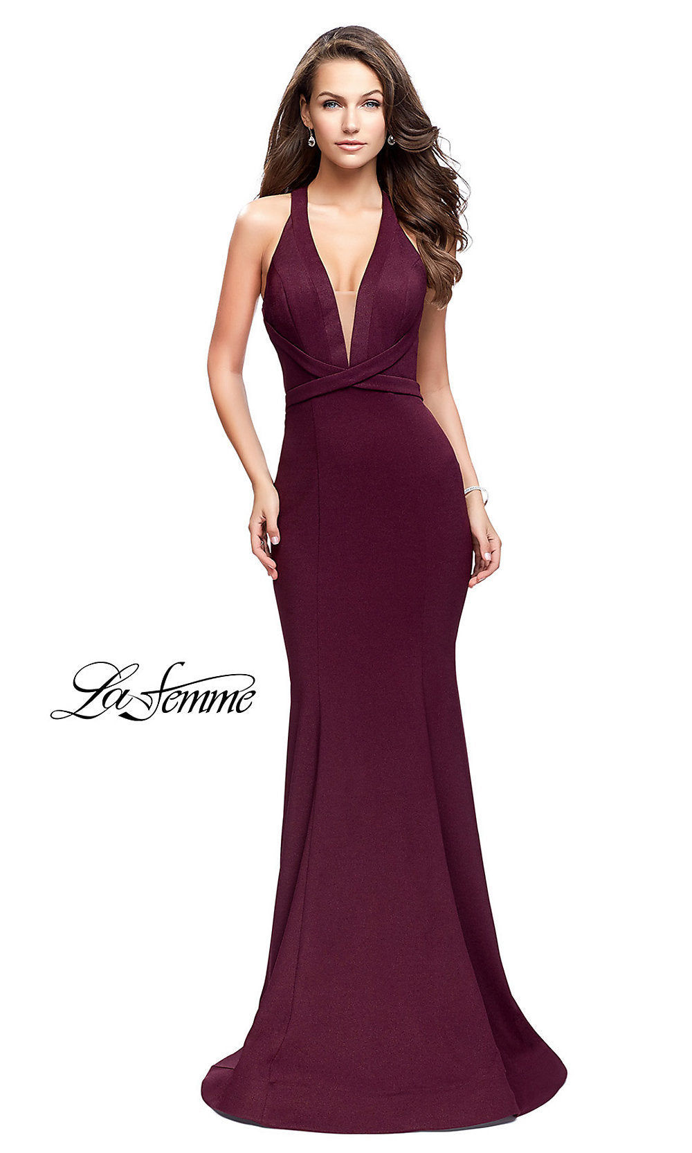 La Femme Strappy-Back Long Burgundy Red Prom Dress