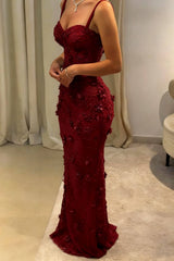 Burgundy Long Mermaid Prom Dress Lace Fitted Birthday Gown