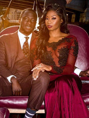 Burgundy Long Sleeves Mermaid Appliques Backless Prom Dress