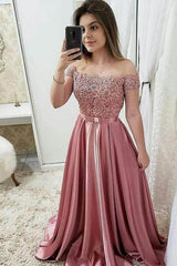Burgundy Off Shoulder Satin Prom Dress with Lace A Line Formal Dresses