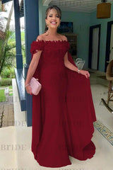 Off-The-Shoulder Mermaid Chiffon Wedding Guest Dresses Long with Appliques