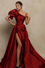 Burgundy One-Shoulder Mermaid Prom Dress Satin with a Front Slit