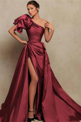 Burgundy One-Shoulder Mermaid Prom Dress Satin with a Front Slit