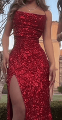 Burgundy Prom Dress Tight Long Leg Split Evening Gowns