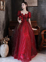 Burgundy A line tulle long prom dress burgundy formal dress