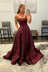 Strapless Light Blue Satin Prom Dresses 3D Flowers A-line Evening Dresses with Pocket