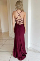 Burgundy Satin Prom Dress 2025 with Spaghetti Strap & Slit – FD5020