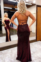 Burgundy Sequin Mermaid Prom Dress 2025 with Spaghetti Strap & Slit – FD5013