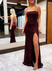 Burgundy Sequin Mermaid Prom Dress 2025 with Spaghetti Strap & Slit – FD5013