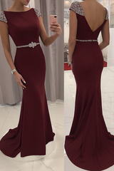 Navy Blue Sequined Fitted Cap Sleeve Mermaid Prom Dress Formal Gown