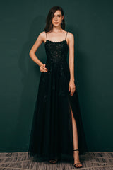 Burgundy Spaghetti Strap Lace Appliques High split Prom Dress