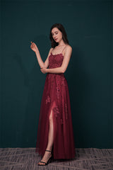 Burgundy Spaghetti Strap Lace Appliques High split Prom Dress