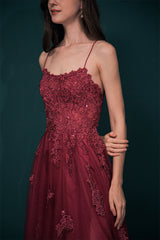 Burgundy Spaghetti Strap Lace Appliques High split Prom Dress
