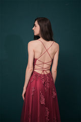 Burgundy Spaghetti Strap Lace Appliques High split Prom Dress