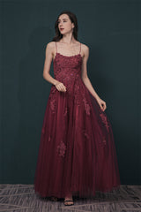 Burgundy Spaghetti Strap Lace Appliques High split Prom Dress