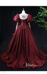 Burgundy Taffeta Prom Dress with Puffed Sleeves & Corset Back FD3455