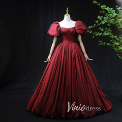 Burgundy Taffeta Prom Dress with Puffed Sleeves & Corset Back FD3455