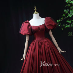 Burgundy Taffeta Prom Dress with Puffed Sleeves & Corset Back FD3455