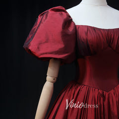 Burgundy Taffeta Prom Dress with Puffed Sleeves & Corset Back FD3455