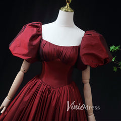 Burgundy Taffeta Prom Dress with Puffed Sleeves & Corset Back FD3455